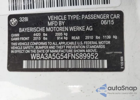 2015 BMW 328I z USA, uszkodzony, nr VIN WBA3A5G54FNS89952